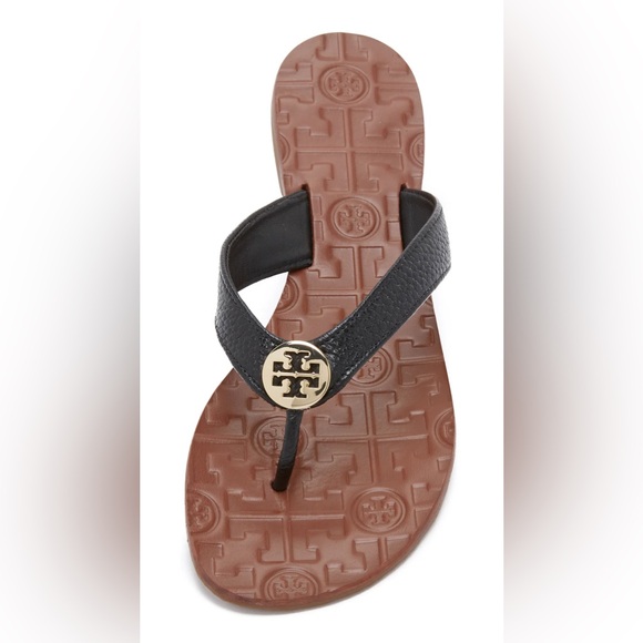Tory Burch Throra Thong Sandals - Black Leather with Brown Sole - Picture 3 of 13